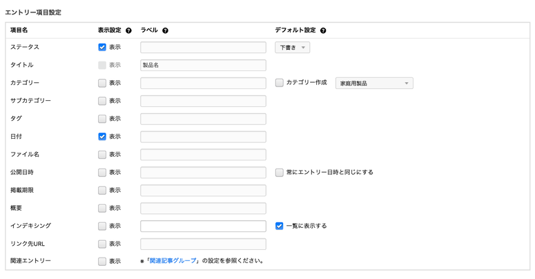 エントリー編集項目設定画面