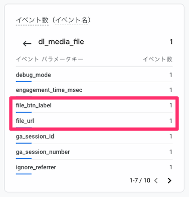 イベントのパネルのスクリーンショットfile_btn_labelとfile_urlが登録されている。