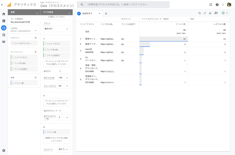 探索データのスクリーンショット。列にリンクテキスト、リンクURL、ファイル拡張子、ファイルダウンロード数、合計が順に並んでいる。行には、各ファイルのデータが蓄積されており、ファイルの拡張子のURLもメディアのリンクのURLも並列に並んでいる。