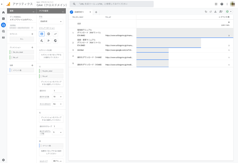 探索のページのスクリーンショット。file_btn_label、file_urlが列に並び、さらに棒グラフでイベント数を表している様子。