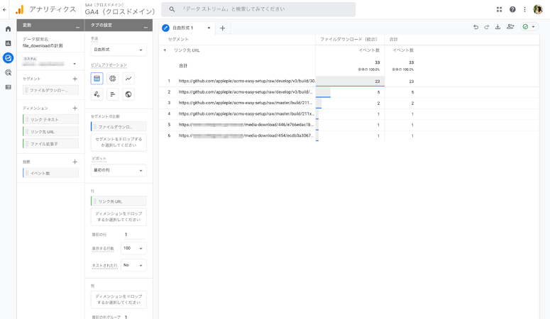 探索でfile_downloadイベント専用のデータを作った後のスクリーンショット。メディアのリンクURLと、拡張子付きのURLが一覧になって表示されている。