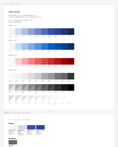 Figmaファイル内のスタイルガイドのスクリーンショット。カラースケールが色ごとのカテゴリーに分かれて設定されている。