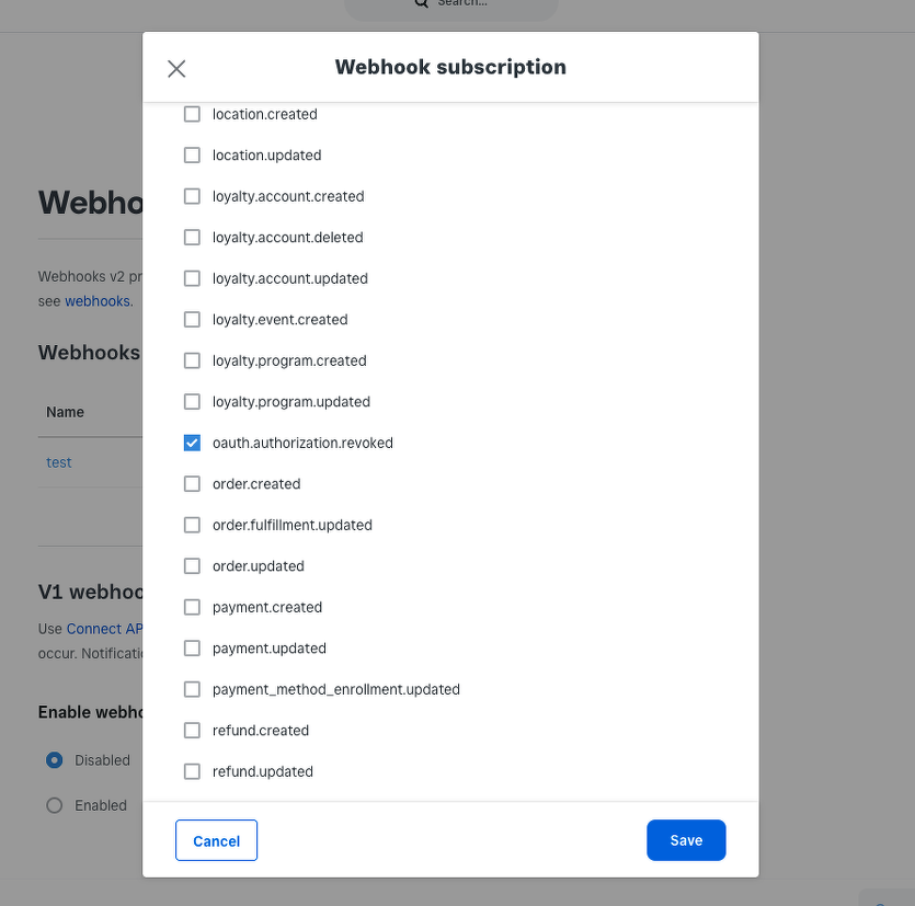 Eventsの項目で oauth.authorization.revoked の項目を選択する