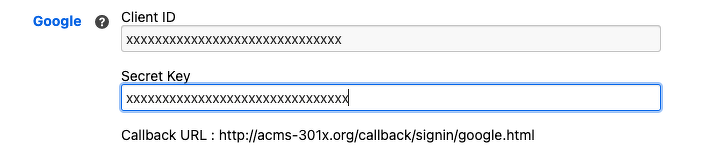 Google API 「Client ID」「Secret Key」設定画面