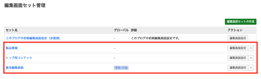編集画面セットの一覧