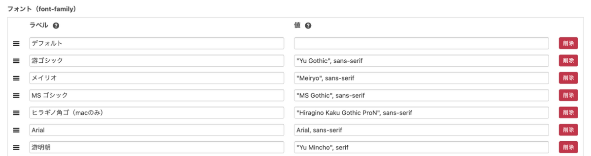 ラベルとフォント名のセットで、選択肢を設定します。