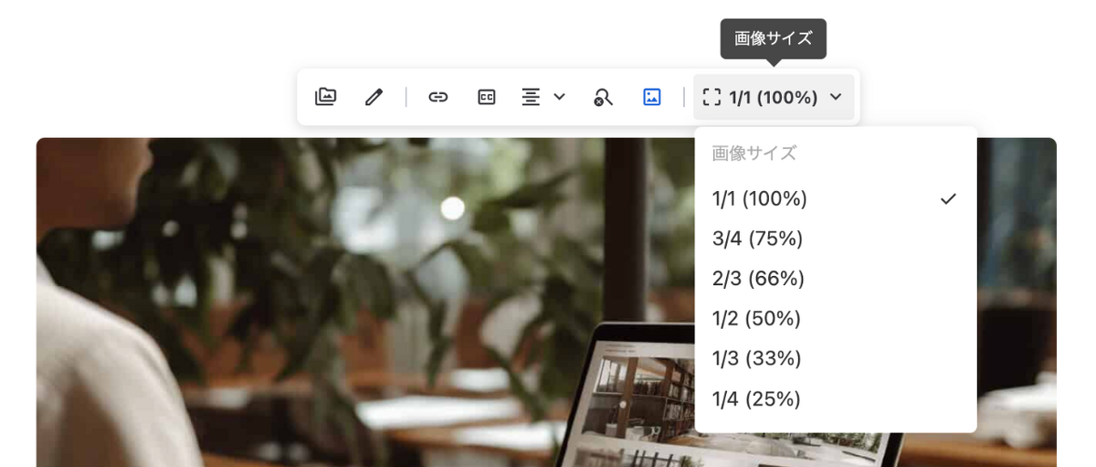 画像のポップアップメニューのサイズ選択肢に表示されます。