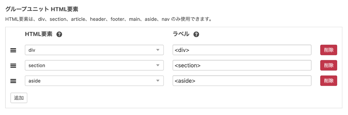 グループユニット HTML要素設定