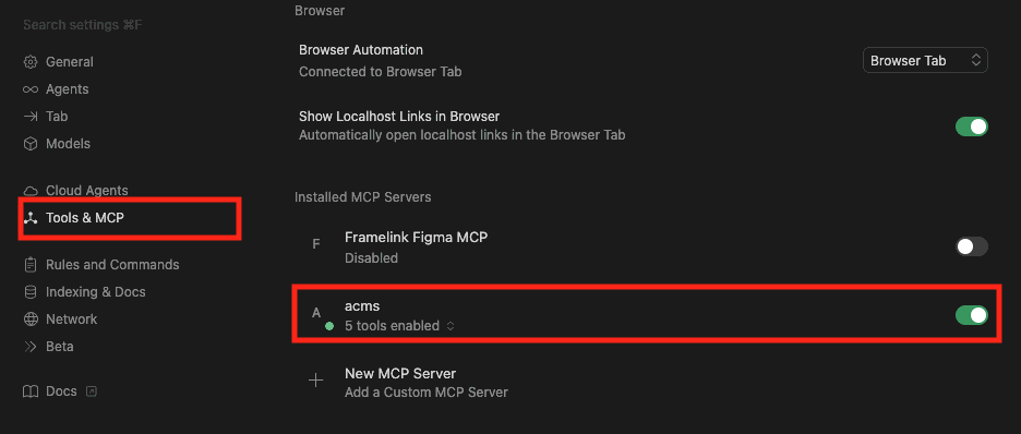 CursorエディタのTools&MCP設定画面